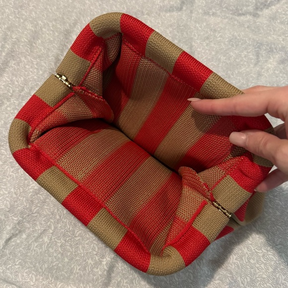 Red Tan Striped Color Block Clutch Pouch Summer Bag - Picture 4 of 8